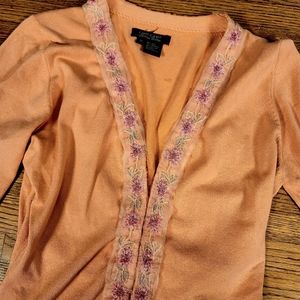 Petite Karen Kane Silk blend S/M peach pink cardigan floral ribbon hook & eye